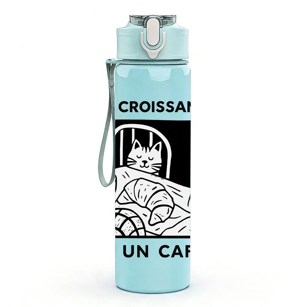 1PC Croissant Coffee Retro Stamp 750ml Color Plastic Sports Water Bottle Leakproof Flip Straw Lid Suitable for Sports Office Home Use