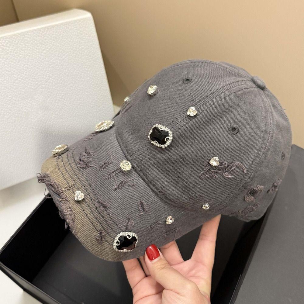 Torn Effect Rhinestone Baseball Cap Cotton Hip Hop Cap Luxury Hole Washed Hat Outdoor Sports