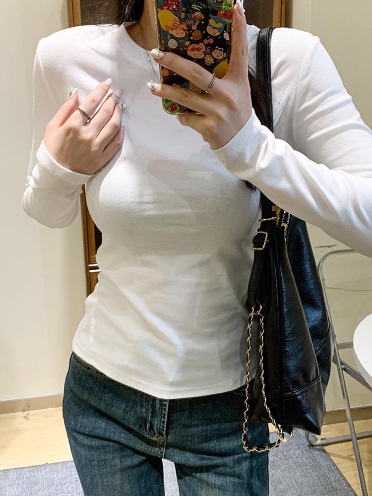 

Женский облегающий пуловер с длинным рукавом и круглым вырезом: Новая осенняя базовая рубашка свободного кроя однотонной расцветки 2025 года Medium