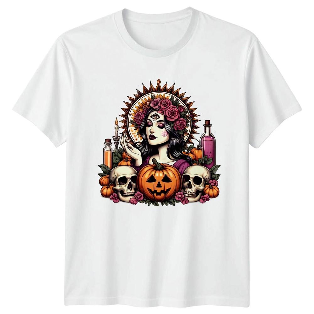 Celestial Witch With Pumpkins Skulls Unisexs TShirt Celestial Witch Halloween S