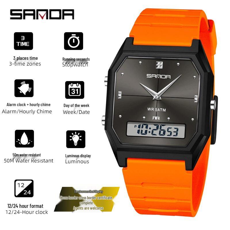 Sanda TEMU Men's Sports Watch: Hot-Selling, Waterproof, Luminous, Thin Square Design, Dual Display, Three Time Zones.
