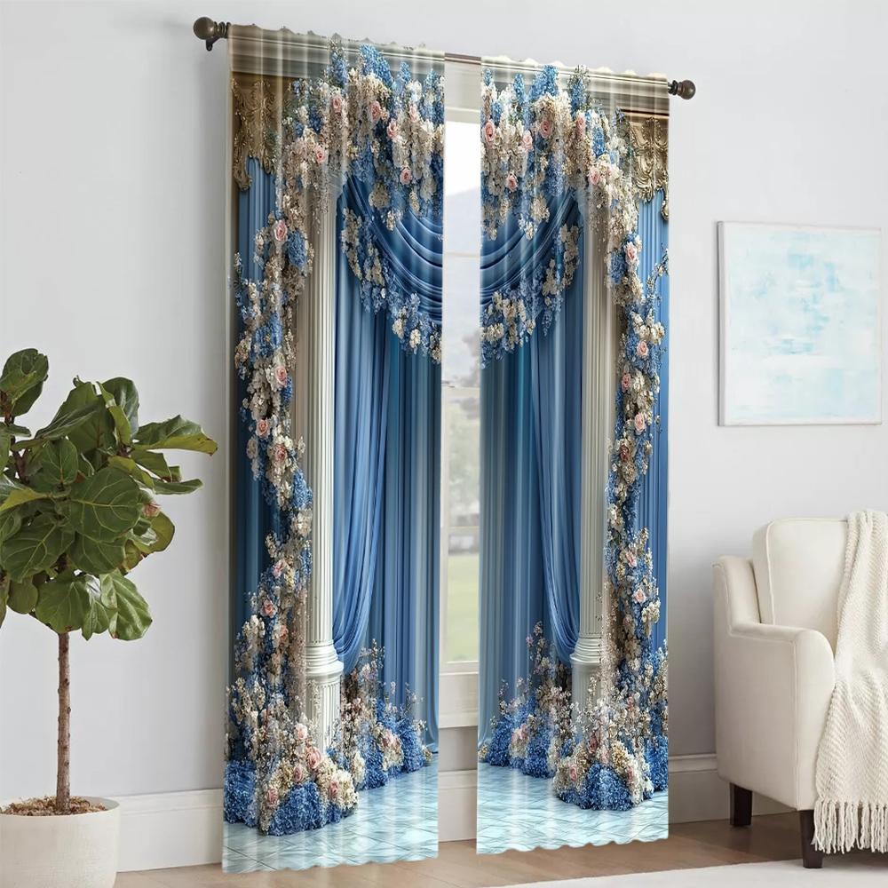 2 pcs   versatile polyester transparent curtains for home decoration Blue and White Floral for use in bedrooms and living rooms