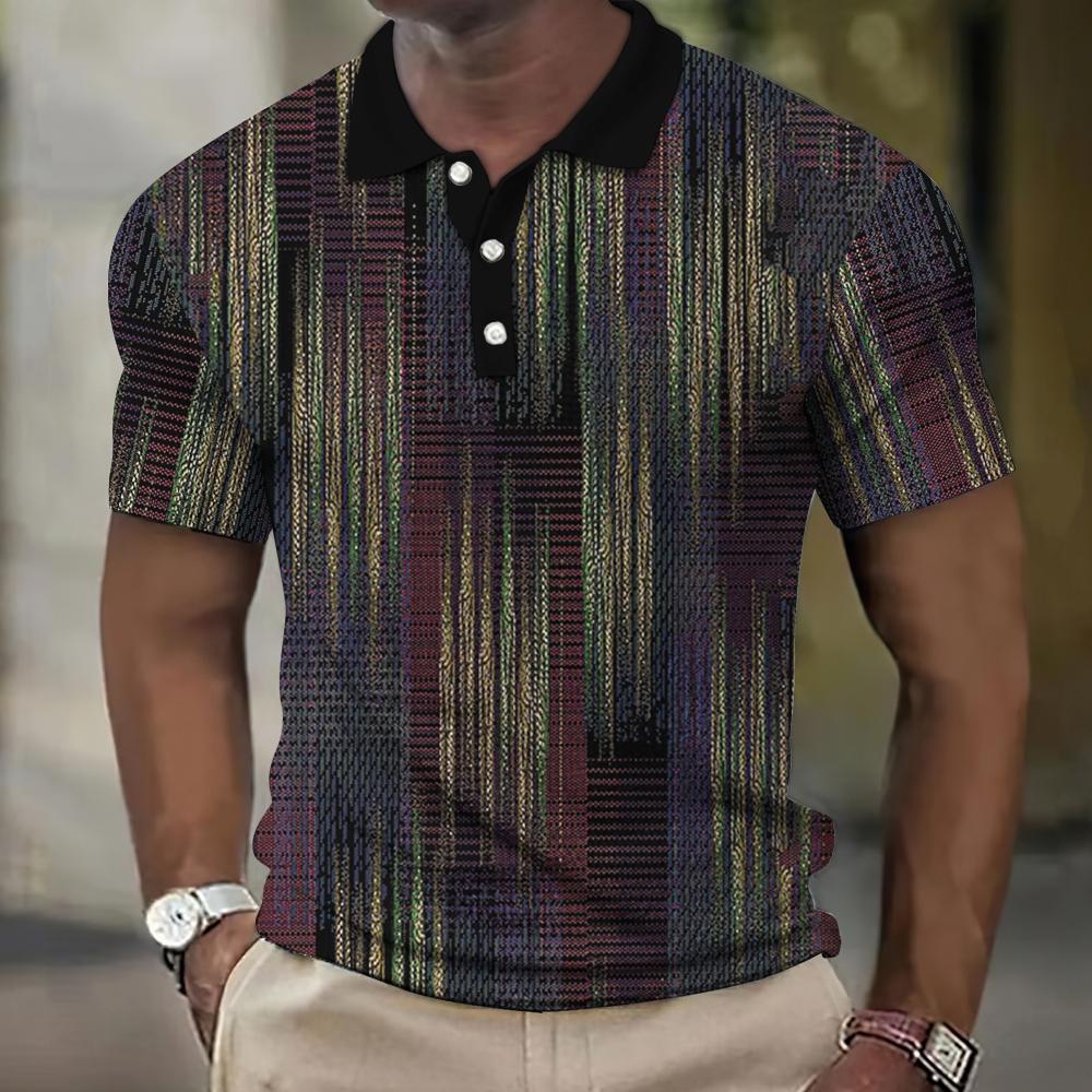 Men's 3D Plaid Print Casual Loose Short Sleeve Polo Shirt