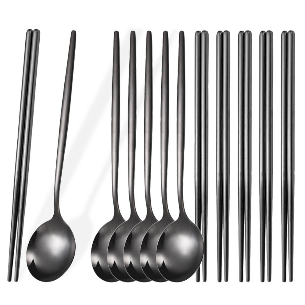 12Pcs Household Black Gold Cutlery Set Flatware Chopsticks Spoon Stainless Steel Dinnerware Set Luxury Korean Tableware Set
