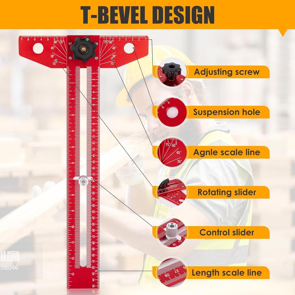 Woodworking Scriber Marking Line Ruler T Type Woodworking Ruler 16 inch Layout and Measuring Tools Precision Marking T-Ruler Positioning