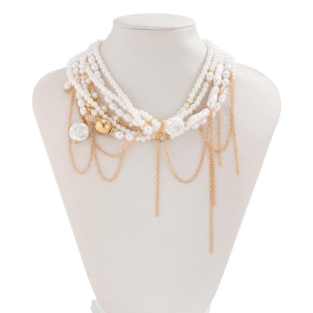 Luxury Pearl Beaded Multi-Layer Tassel Necklace with Alloy Chain