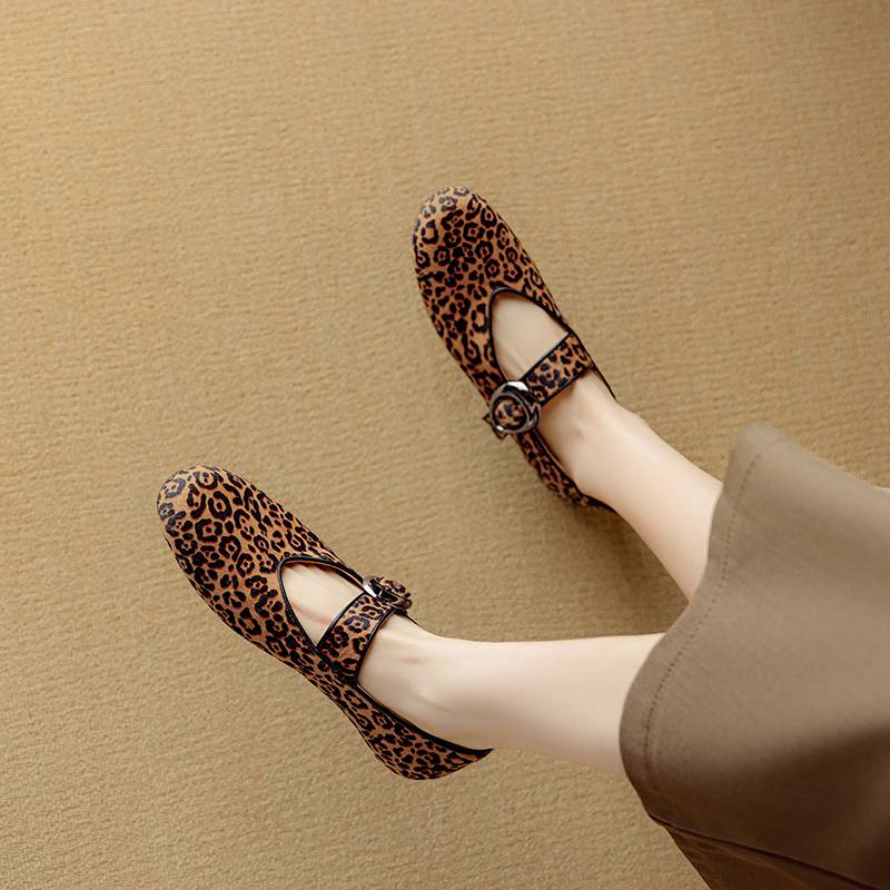 Krazing Pot Piele de Oaie Suedeză Vară Mărimea 40 păr de cal leopard mary janes Tocuri Joase vârf rotund Balerini eleganți decupați