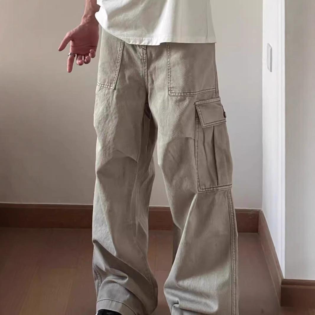 

Men s American High Street Style Pleated Multi-Pocket Parachute Cargo Pants - Loose Straight Wide Leg Casual Trousers 2XL абрикосовий