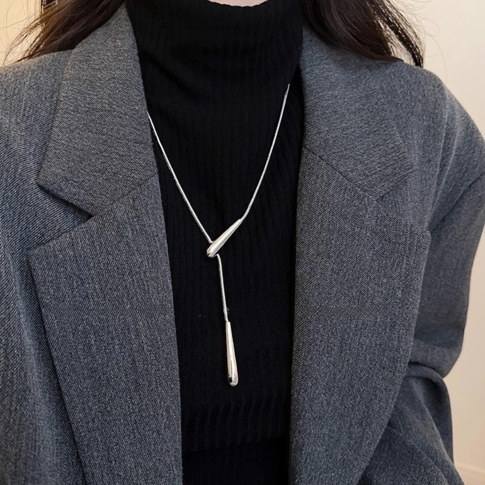 Minimalist  Sliver Color Stainless Steel Smooth Surface Teardrop-shaped Pull Necklace for Women Sweater Chain Jewelry