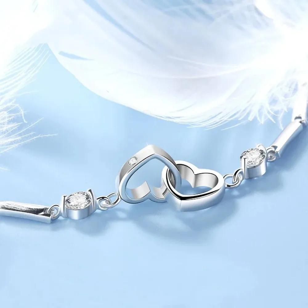 New Charms 925  Silver Bracelets Bangles for Women Valentine's Days Gift Cubic Zircon Double Heart Bracelet Jewelry