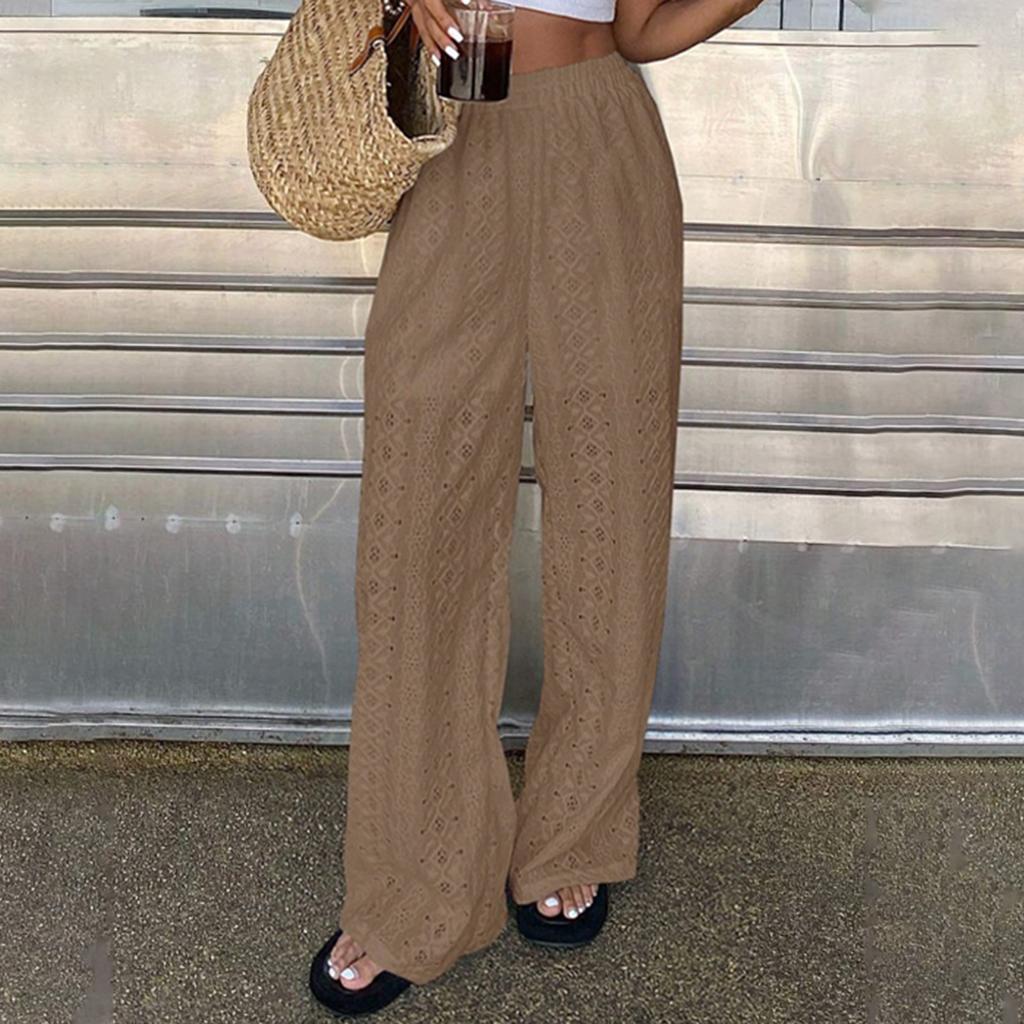 Women's Color Hollow Embroidered Casual Elastic Waist Pants