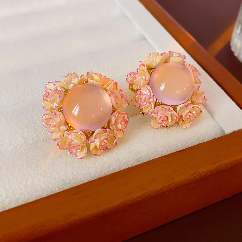 Silver Needle Pink Flower Fringed Vacation Style Earrings Summer Sweet Delicate Stud Earrings Small Fresh Design Earrings Women