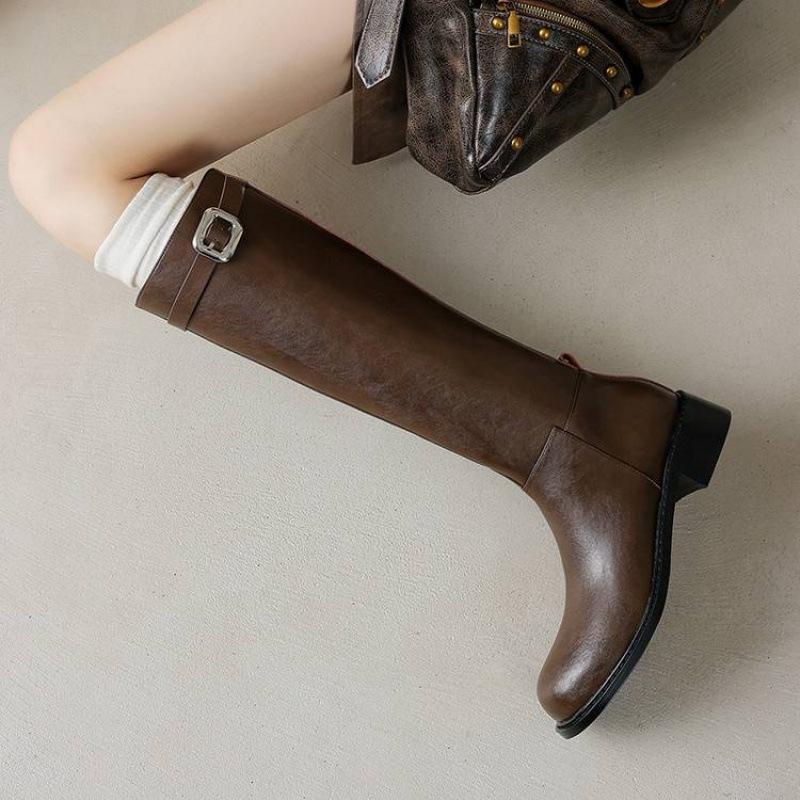 Autumn and winter women's solid leather fashion boots medium heel large size women's boots black cowhide square heel side zipper high boots