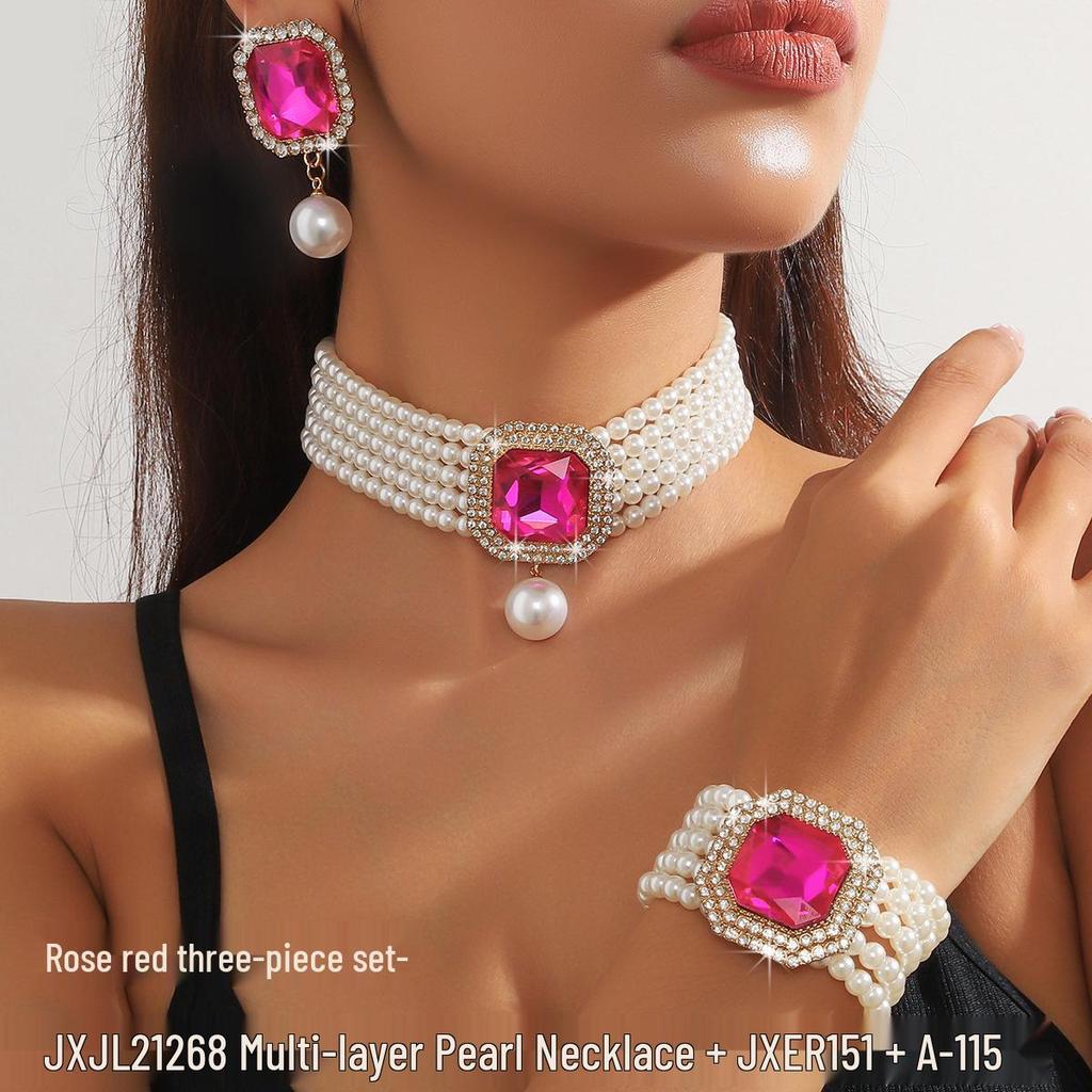 European Luxury Multi-Layer Faux Pearl & Crystal Jewelry Set – Necklace, Earrings, Bracelet - Colorful, Fashionable, and Exquisite Accessories