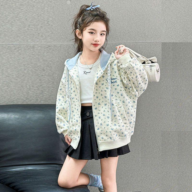 Kızlar İlkbahar Çiçekli Kapüşonlu Hırka Sweatshirt Tatlı Preppy Günlük Üst