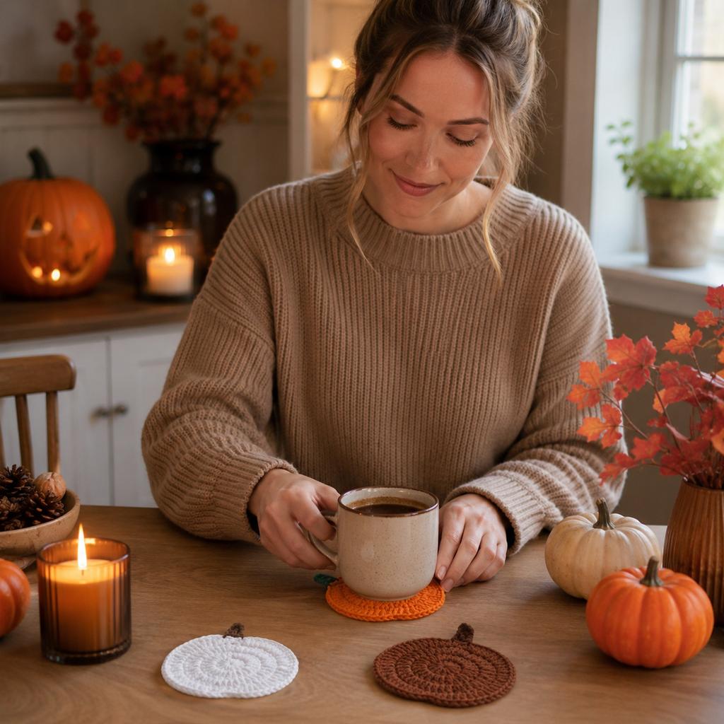 Handmade Crochet Pumpkin Shaped Cup Mat Knitted Yarn Insulation Coaster for Mug Halloween Festival Table Decor