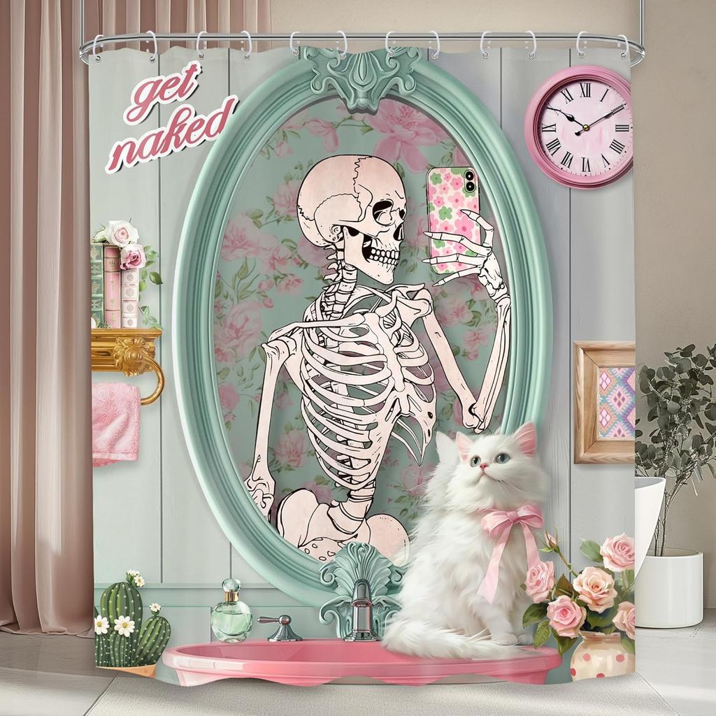 Funny Skull Skeleton Shower Curtain Halloween Pink Girl Gothic Spooky Black Flower Rose Floral Red Wine Unique Scary Women