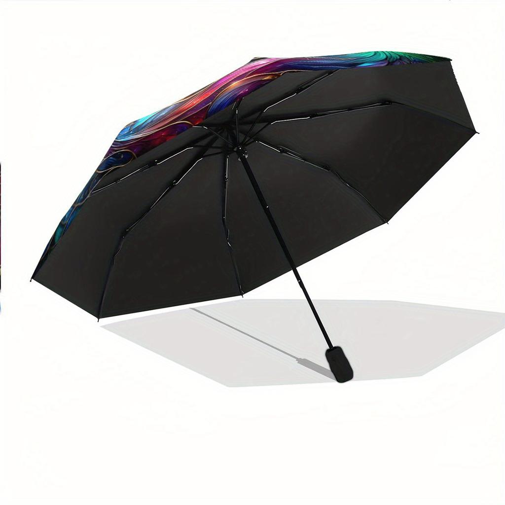 Automatic Folding Umbrella with Swirling Rainbow Unicorn Design - Vibrant Multicolor Artwork, Portable Collapsible for All Sea