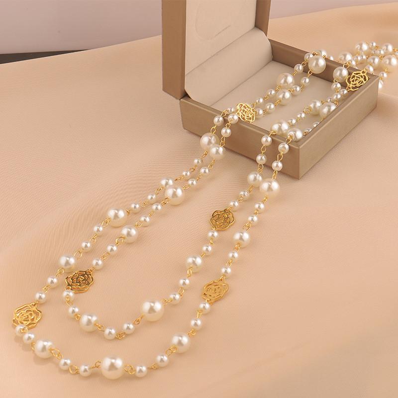Double Layer Long Necklace for Women Camellia Pearl & Rose Flower Maxi Sweater Chain Plastic Beads Jewelry