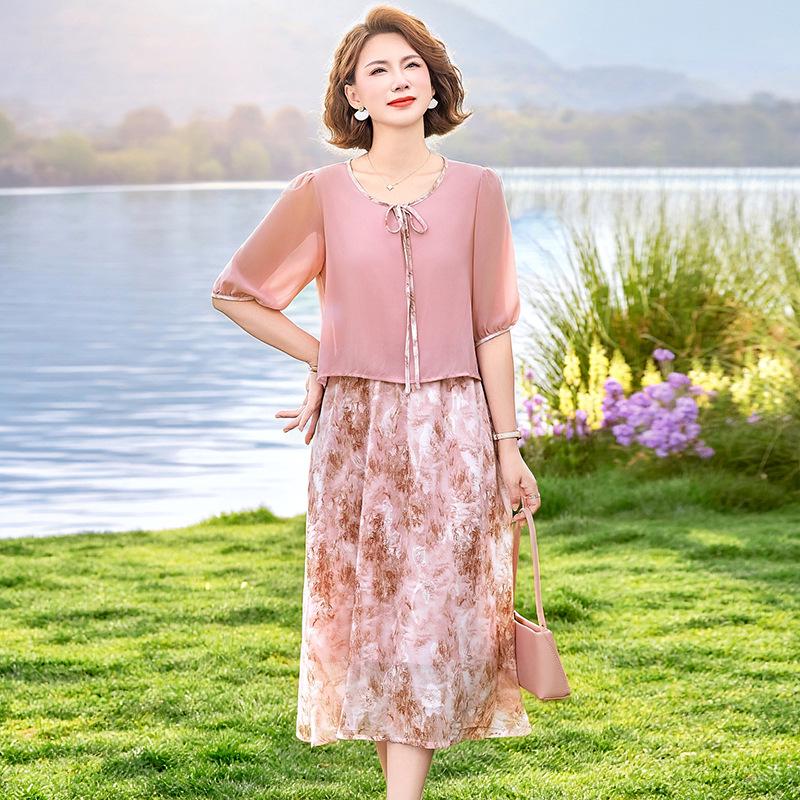 Elegant Summer Chiffon Dress for Middle-Aged Women - New Chinese Style Fashion 5XL розовый