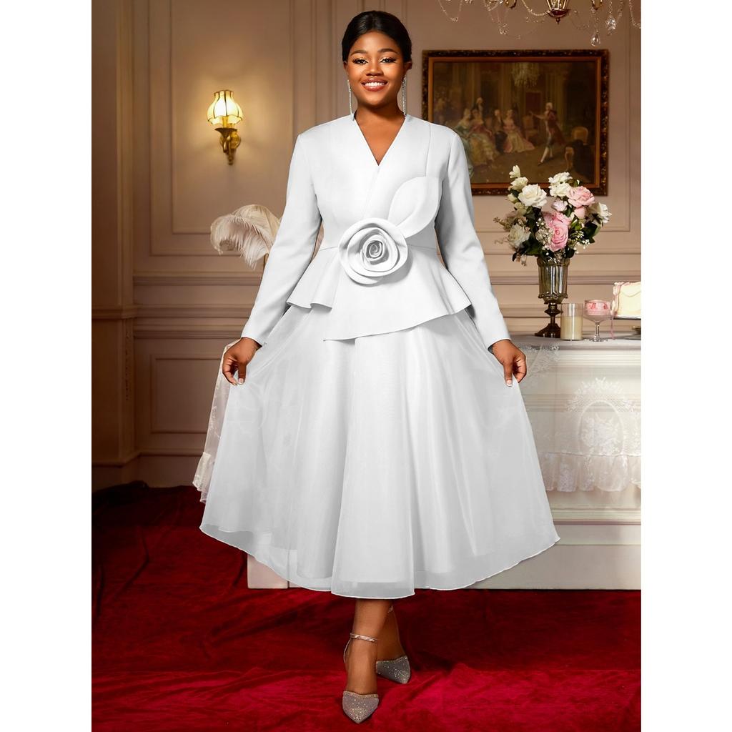 Plus Size Women's Long Sleeve 3D Flower Dress, V Neck Slim Waist Ruffled Hem Evening Party Gown