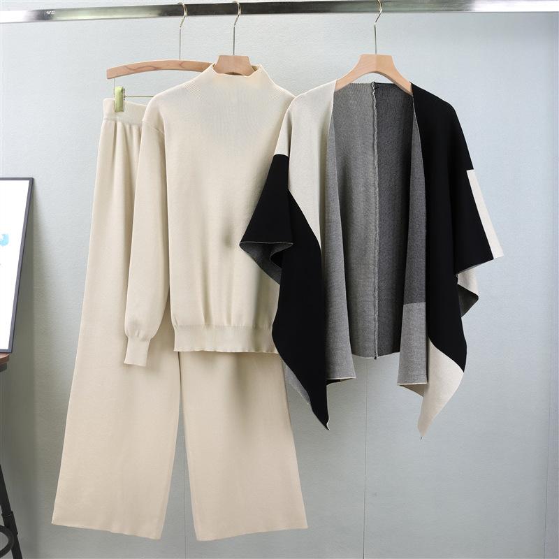 

2025 Autumn and Winter New European and American Fashion Knitted Color Matching Shawl Wide-leg Pants Fashionable Three-piece Women One Size абрикосовий