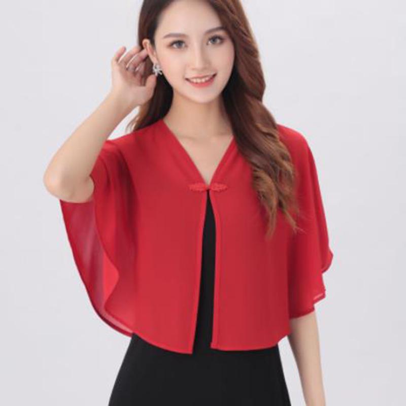 Women'S Summer Cloak Chiffon Scarf Waistcoat Loose Sunscreen Shawl Cheongsam Dress Button Blouse Shoulder Fake Collar Cape T90