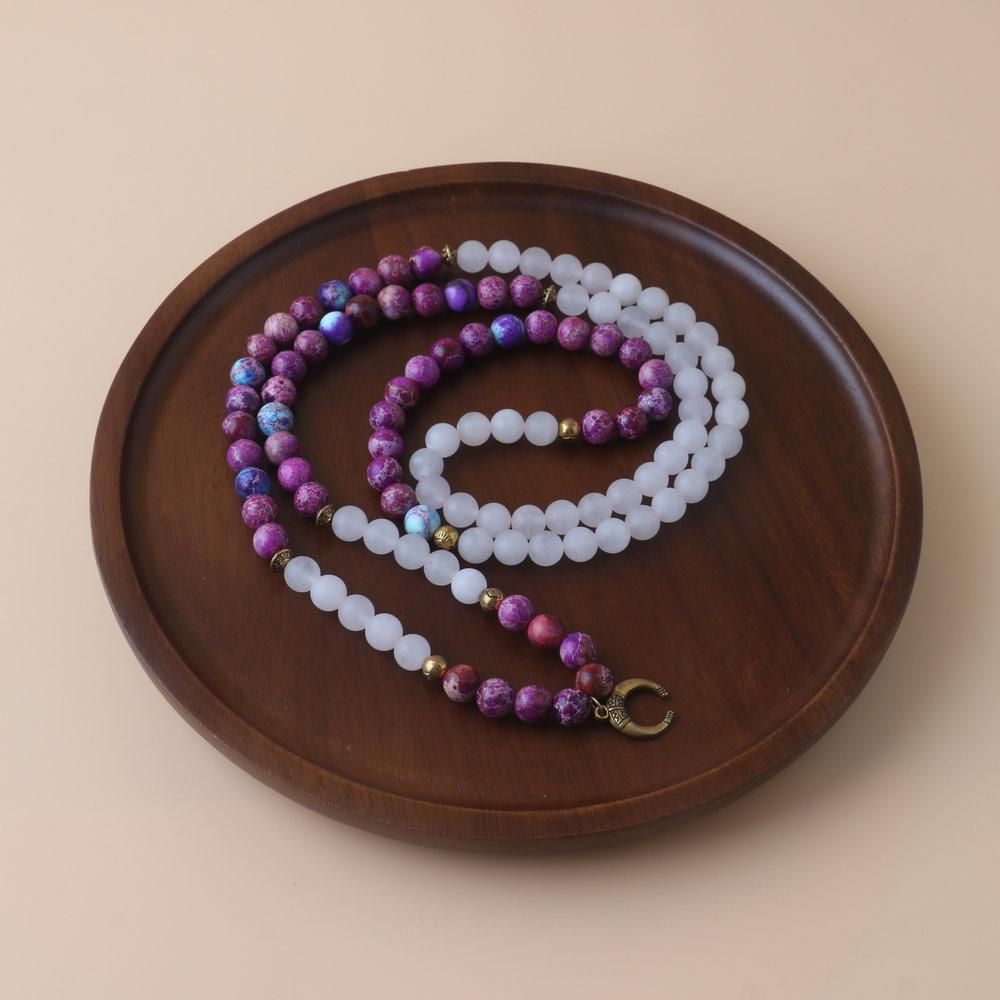 

Purple Imperial Jasper & White Jade Mala Beads Necklace – Crescent Clasp Boho Jewelry, Calm Clarity Gift for Women розовый кварц