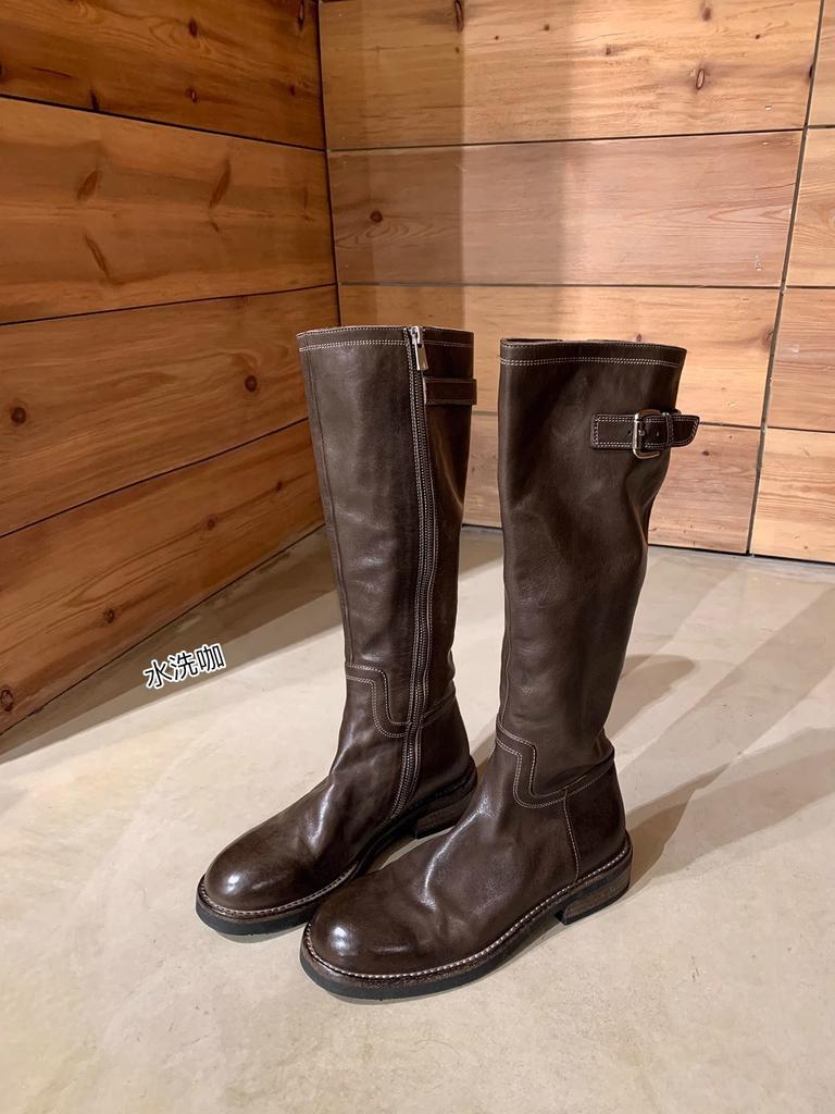 Grape mother has the same washed horse leather, European and American round head belt buckle, thick-soled medium and high knight boots, women's knee b