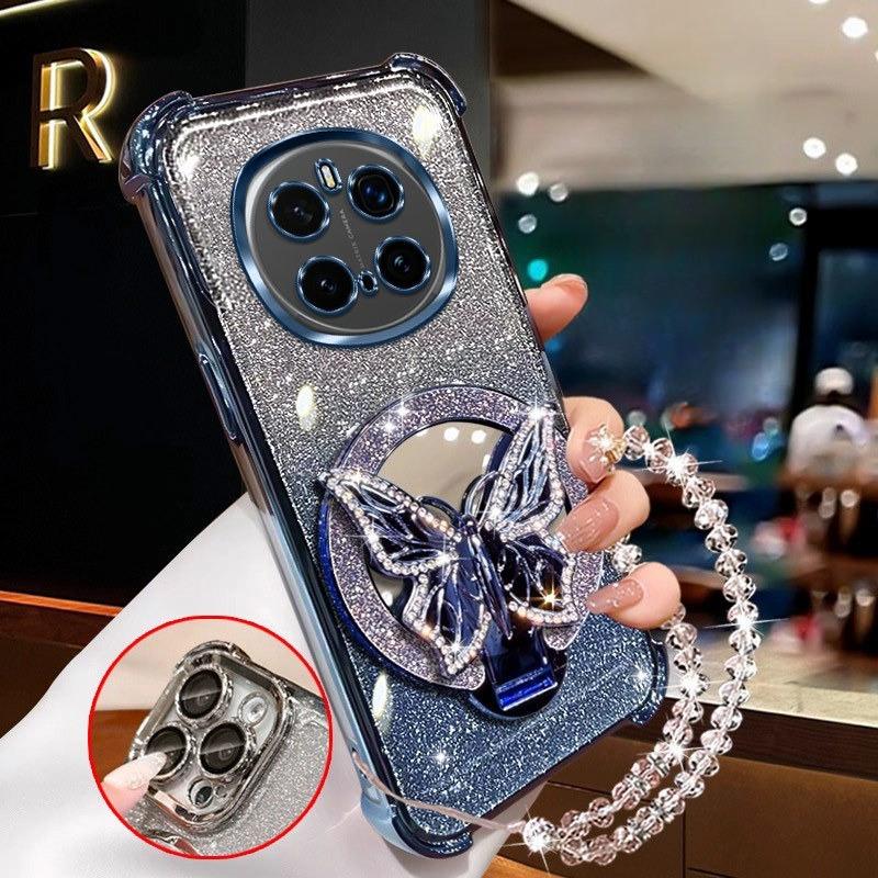 Glitter Butterfly Mirror Crystal Bracelet Case For Huawei Honor Magic 7 6 5 4 3 Pro Shockproof Plating Silicone Cover