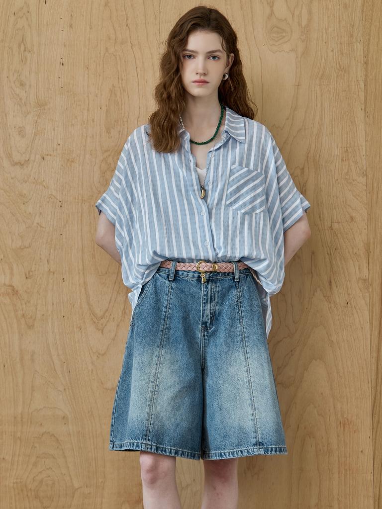 MAXZA Soft Cotton Blend Loose Fit Striped Shirt Blouse