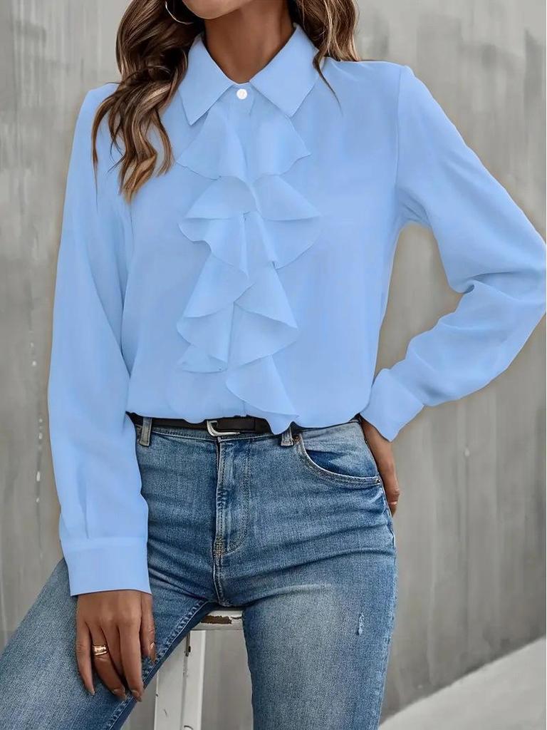 Chemise à manches longues pour femme avec col à volants, bordure champignon et design multi-boutons – Style européen et américain 2026