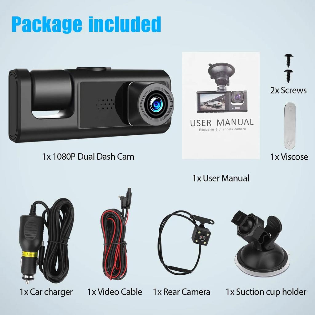 3 Channel Dash Cam for Car Camera Video Recorder Dashcam DVRs Black Box Dual Lens DVR with Rear View Camera 24H Parking Monitor
