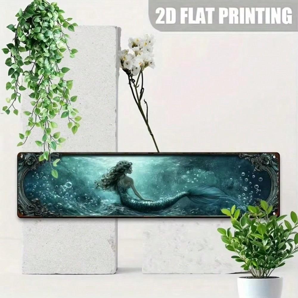 Retro Mermaid Seashell Metal Wall Sign, 3.94x15.74 Inch Flat Iron Decor, Vintage Rustic Coastal Art for Bathroom