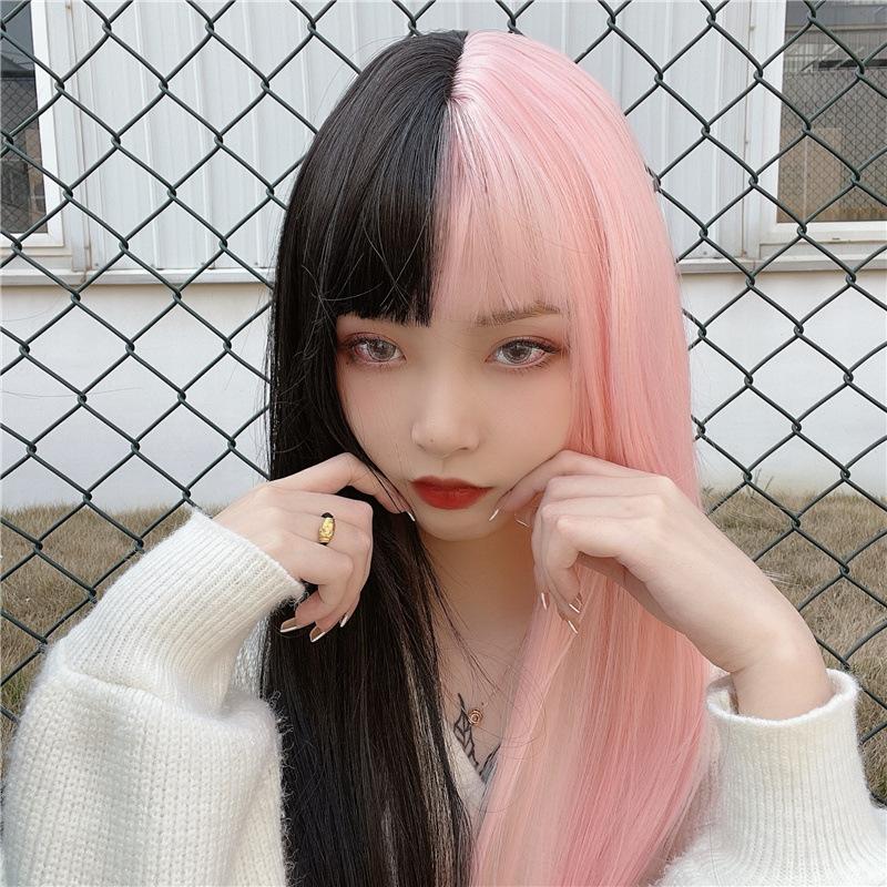 2 Farben Cosplay lange gerade Perücke mit Pony für Frauen