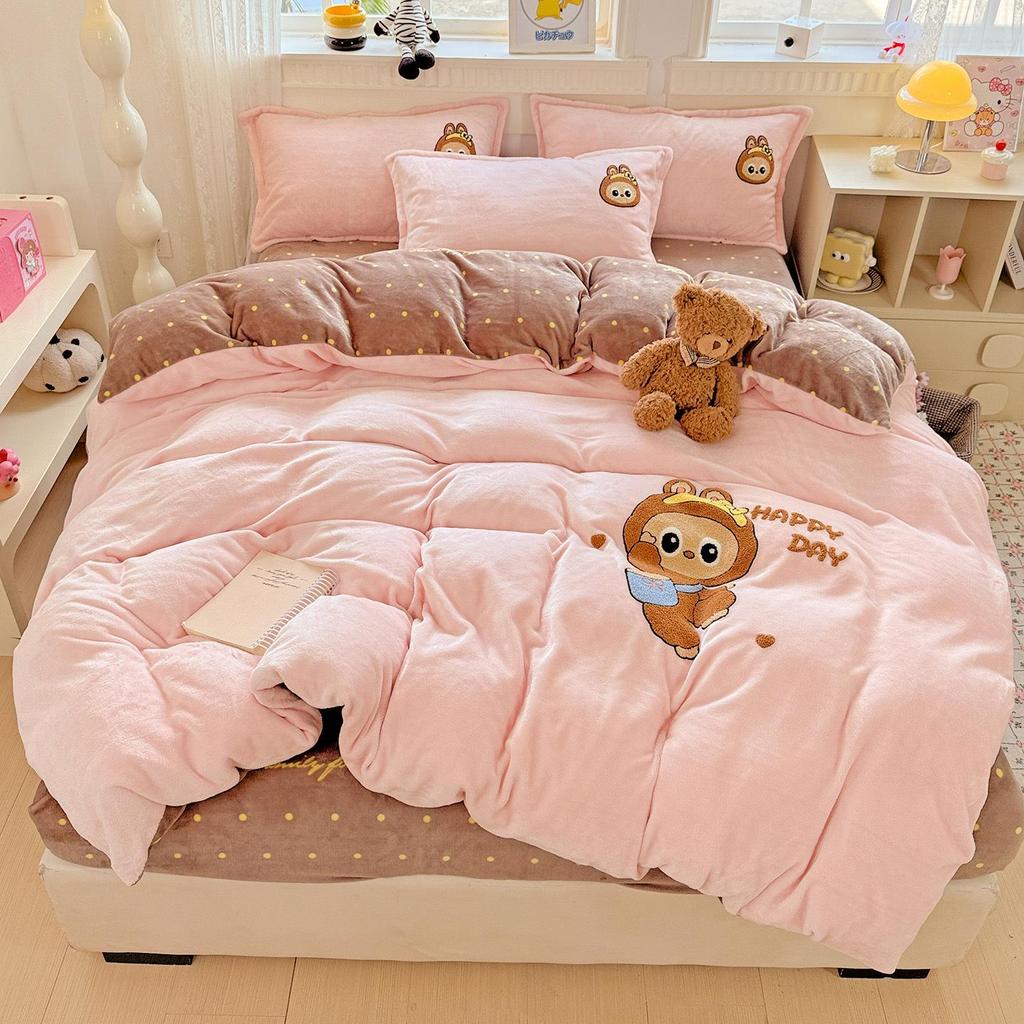 2026 Embroidered Milk Velvet Cartoon Towel Quilt Set - 4 Pieces, Double-Sided for Warmth