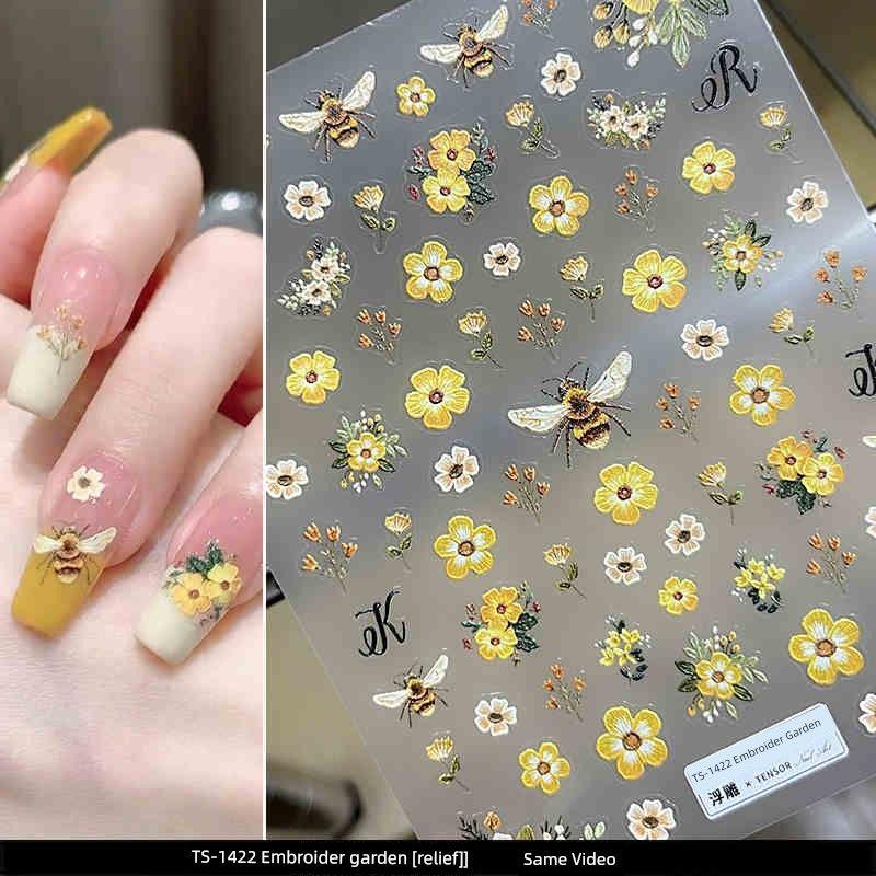

Nail Sticker Relief Internet Hot Embroider Garden Bee Yellow Fresh Flowers Nail Decals Decorations TS-1422 relief