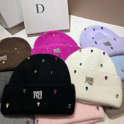 Paris Light Luxury Heavy Industry Rhinestone King Knitted Hat Winter Warm Rabbit Hair Cold Hat Outdoor Sweet Ear Hat