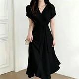 Summer elegant wind cross V-neck dignified lace-up bubble sleeve dress femininity waist A word medium and long dress