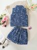 Girls' Two-Piece Casual & Stylish Vacation Outfit: Versatile Denim Vest with Allover Rose Texture Print, Paired with Matching Trendy Denim Shorts