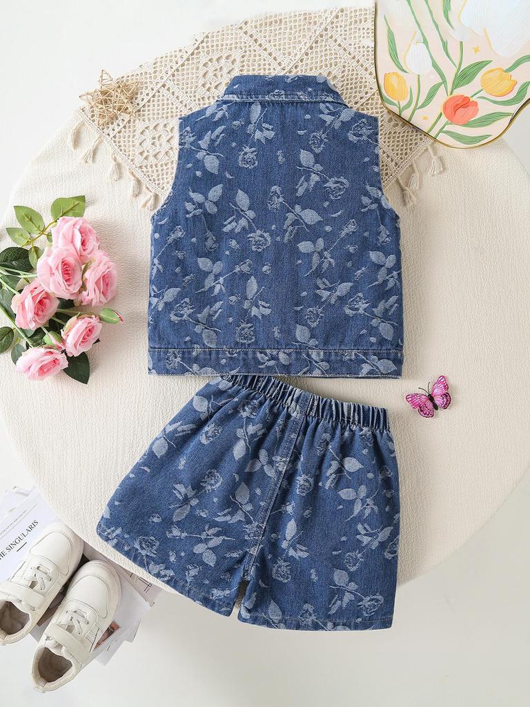 Girls' Two-Piece Casual & Stylish Vacation Outfit: Versatile Denim Vest with Allover Rose Texture Print, Paired with Matching Trendy Denim Shorts