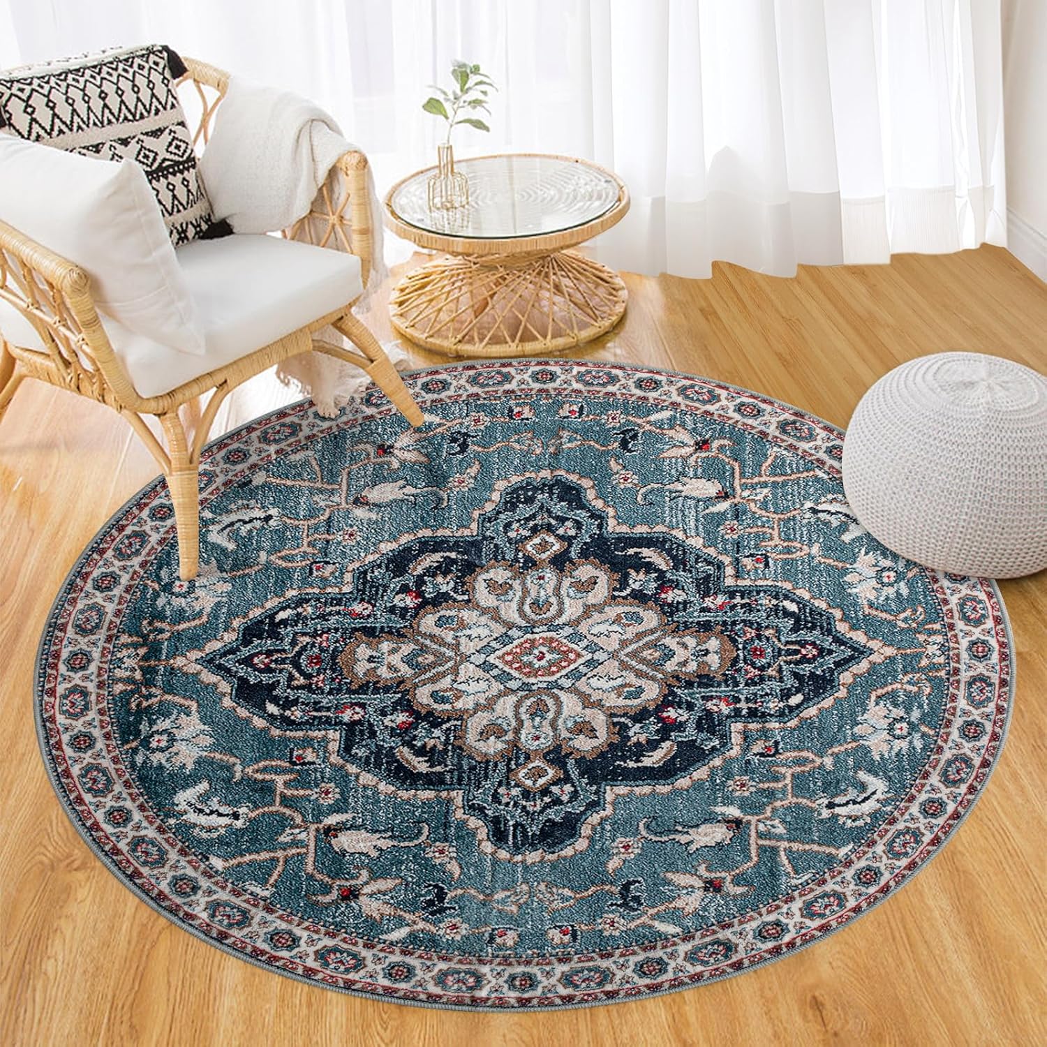 

Circular Persian Style CarpetCushion with Blue Geometric Floral Pattern Vintage Carpet LivingRoom Bedroom Home Decoration Carpet 80cm x 80cm