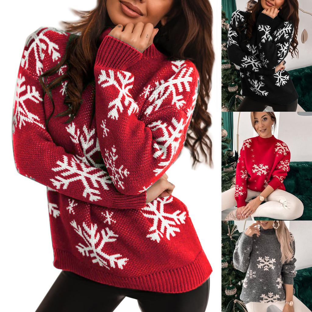 Women's Long Sleeve Turtleneck Christmas Printed Knitted Sweater Top T-Shirt