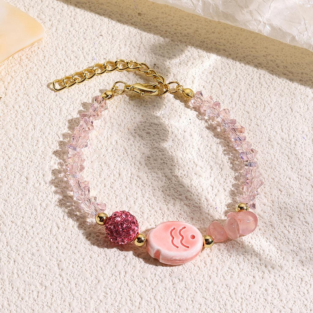Handmade Ceramic Starfish Snail Beaded Bracelet With Sweet Crystals Accent Adjustable Length for Women Girls