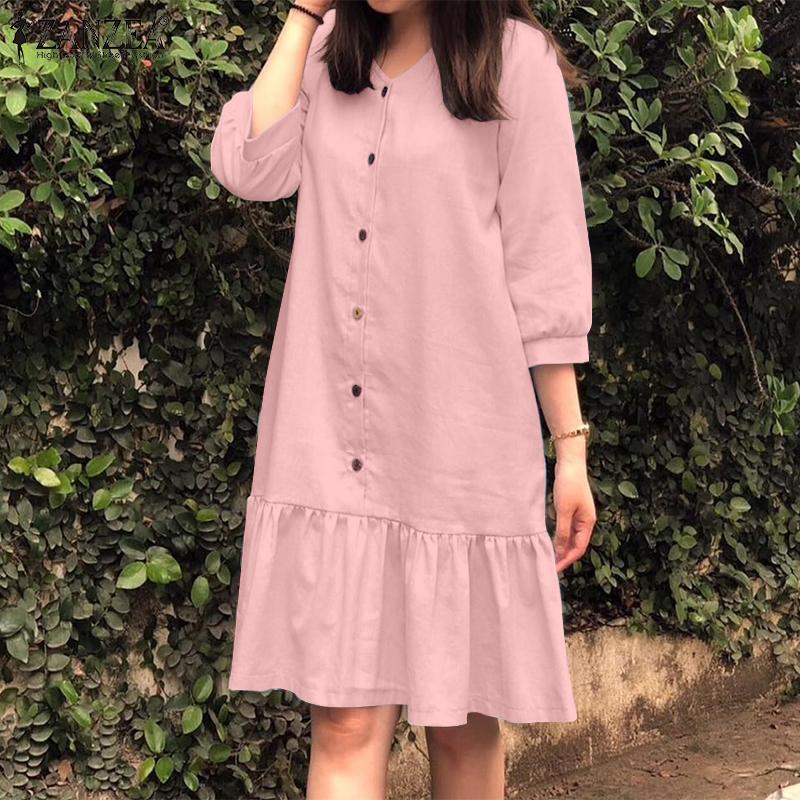 ZANZEA Women's V-neck 3/4 Sleeves Buttoned Pleated Solid Color Loose Dress