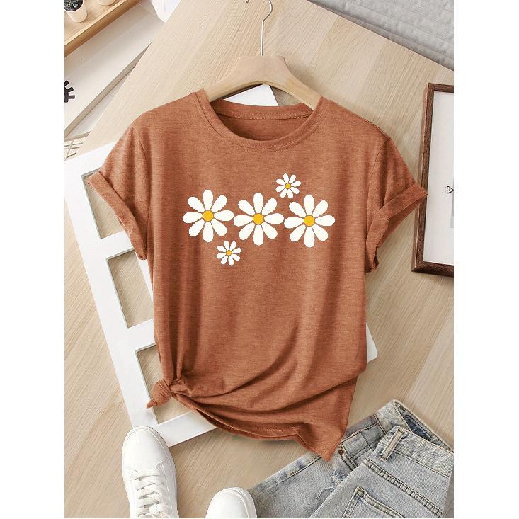 Women's European and American style summer short-sleeve top with contrasting colors and a print of several white daisy flowers, fashionable