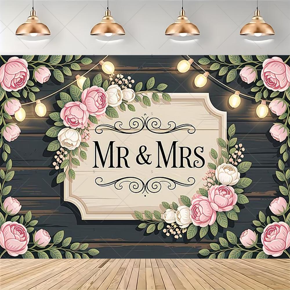 Elegant floral garland, Mr & Mrs theme, gold background, ribbon, wedding party decoration, backdrop, photography supplies2091
