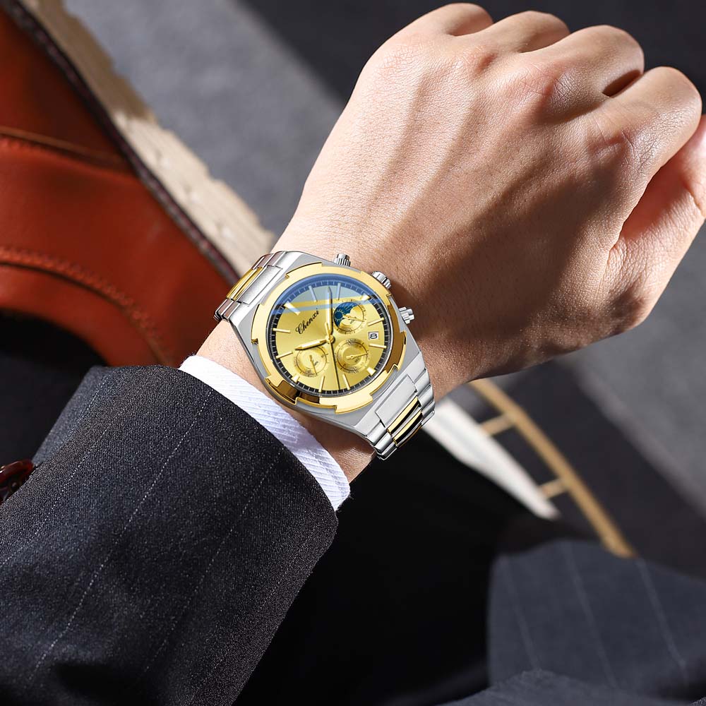 CHENXI Men's Multifunctional Watch with Calendar Moon Phase Chronograph Steel Strap Luminescence Waterproof Reloj Hombre
