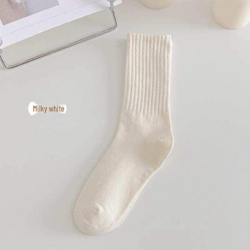 "Korean Style Women's Solid Color Cotton Crew Socks - Japanese Trendy Long Pile Design"