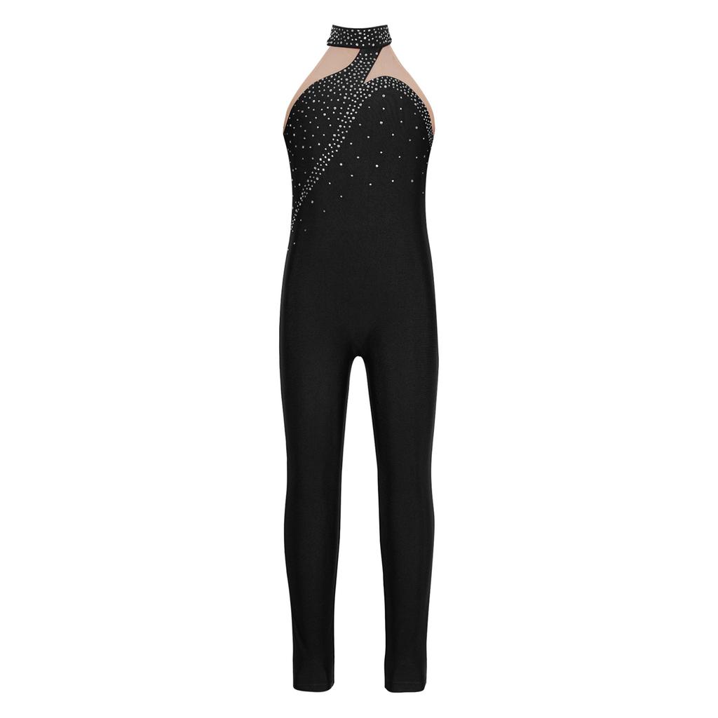 Barn Jenter Gymnastikk Trikot Trening Danse Jumpsuit Ermeløs Sheer Mesh Patchwork Skating Bodysuit
